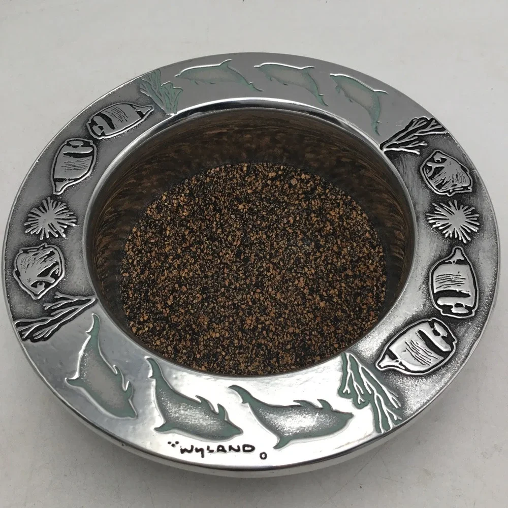 Wyland Wilton Armetale Wine Bottle Coaster Silver Pewter Tone Dolphin Fish Cork